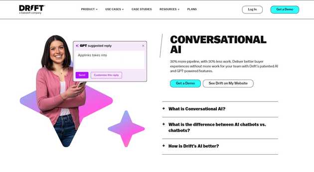 DRIFT 웹사이트 UI. 이미지 출처 : https://www.drift.com/platform/conversational-ai/