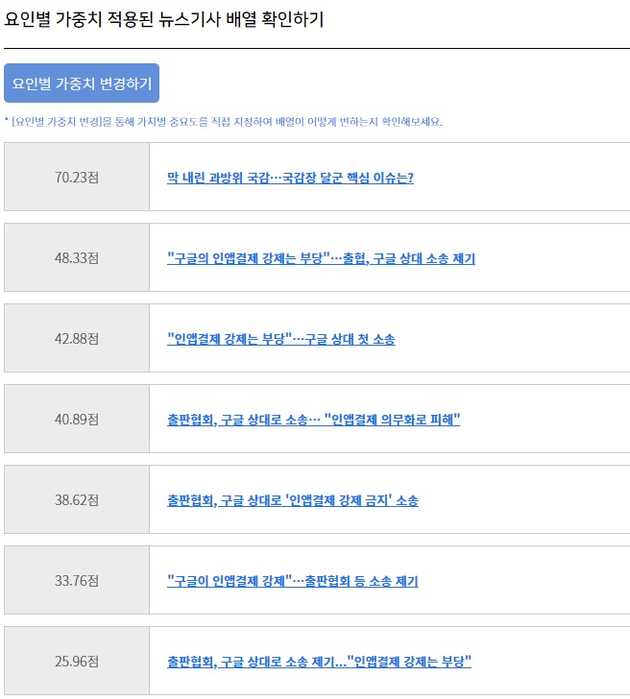 뉴스 알고에서 '인앱결제 강제는 부당, 구글 상대로 소송 제기.' 이슈로 기사 배열 화면