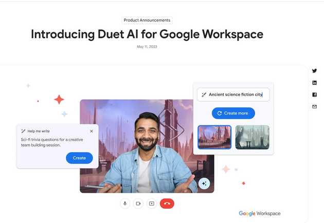 Duet AI for Google Workspace 웹사이트 UI. 이미지 출처 : https://workspace.google.com/blog/product-announcements/duet-ai?hl=en