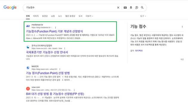 (2) 미디어나비 블로그의 ‘기능점수’ 콘텐츠는 SEO 개선 후 검색어 '기능점수'에서 구글 상단에 노출되어 게재된 콘텐츠 중 월간 최다 유입을 기록 중입니다., 이미지 출처 : 구글 검색창 스크린샷